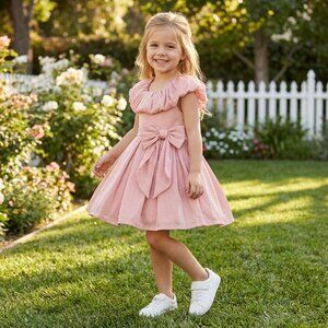 Peppermint Girls A-Line Pink Party Dress with Ruffled Neckline -Peach